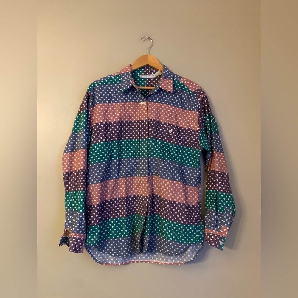 Vtg Paris Sports Club Button Up Shirt Women Hearts Strips Colorblock
